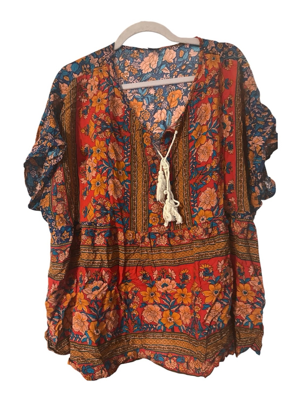 SHEIN Floral Boho Tunic in Rust and Blue with tassels one x soft like new 100% p